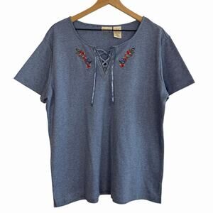 Bobbie Brooks Womens Embroidered Short Sleeve T-Shirt Light Blue XL Deadstock